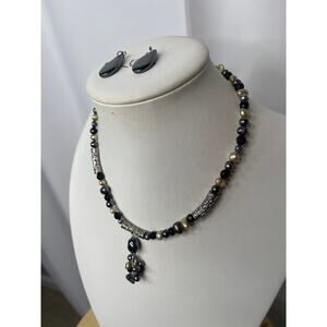 beaded pendant necklace pewter gray gold and black with dangle earrings jewelry